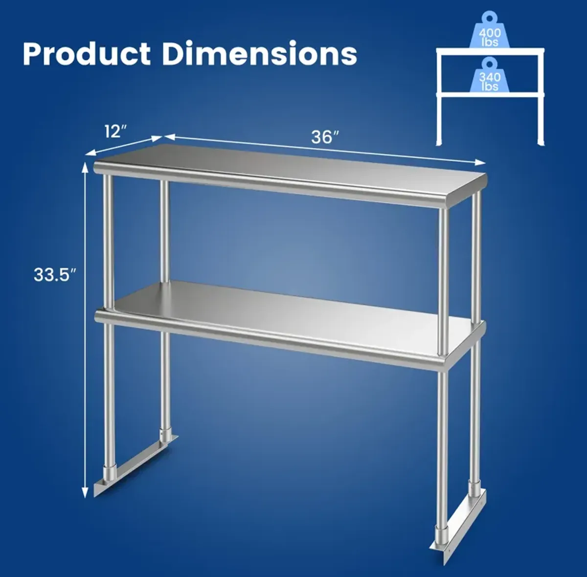 36 x 12 Inch Kitchen Stainless Steel Overshelf with Adjustable Lower Shelf