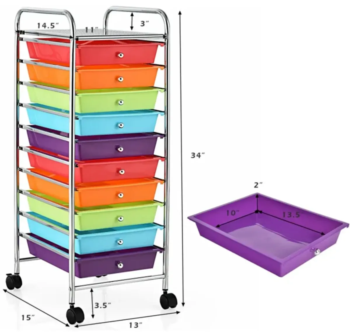 Hivvago 10 Drawer Rolling Storage Cart Organizer with 4 Universal Casters