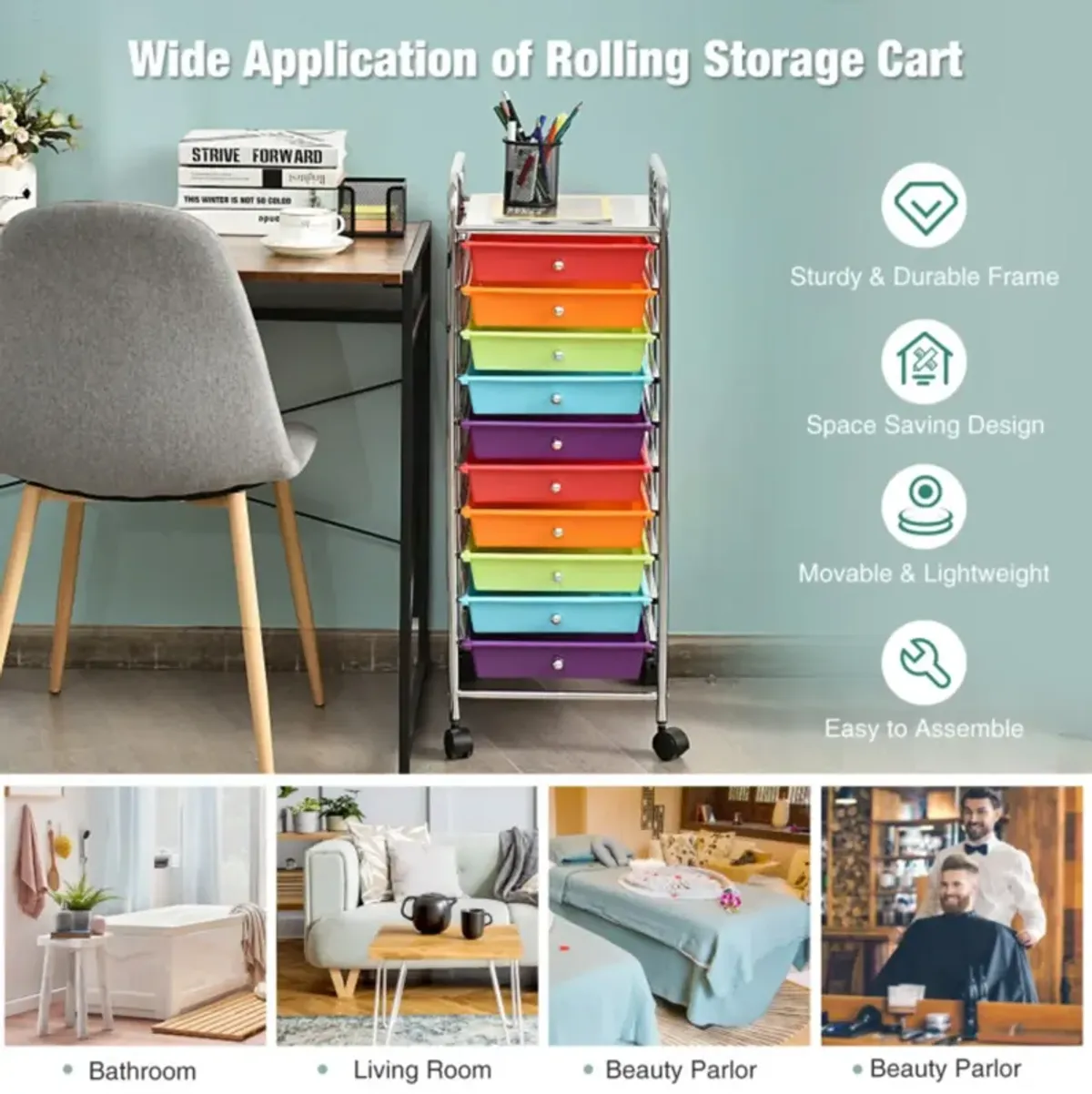 Hivvago 10 Drawer Rolling Storage Cart Organizer with 4 Universal Casters