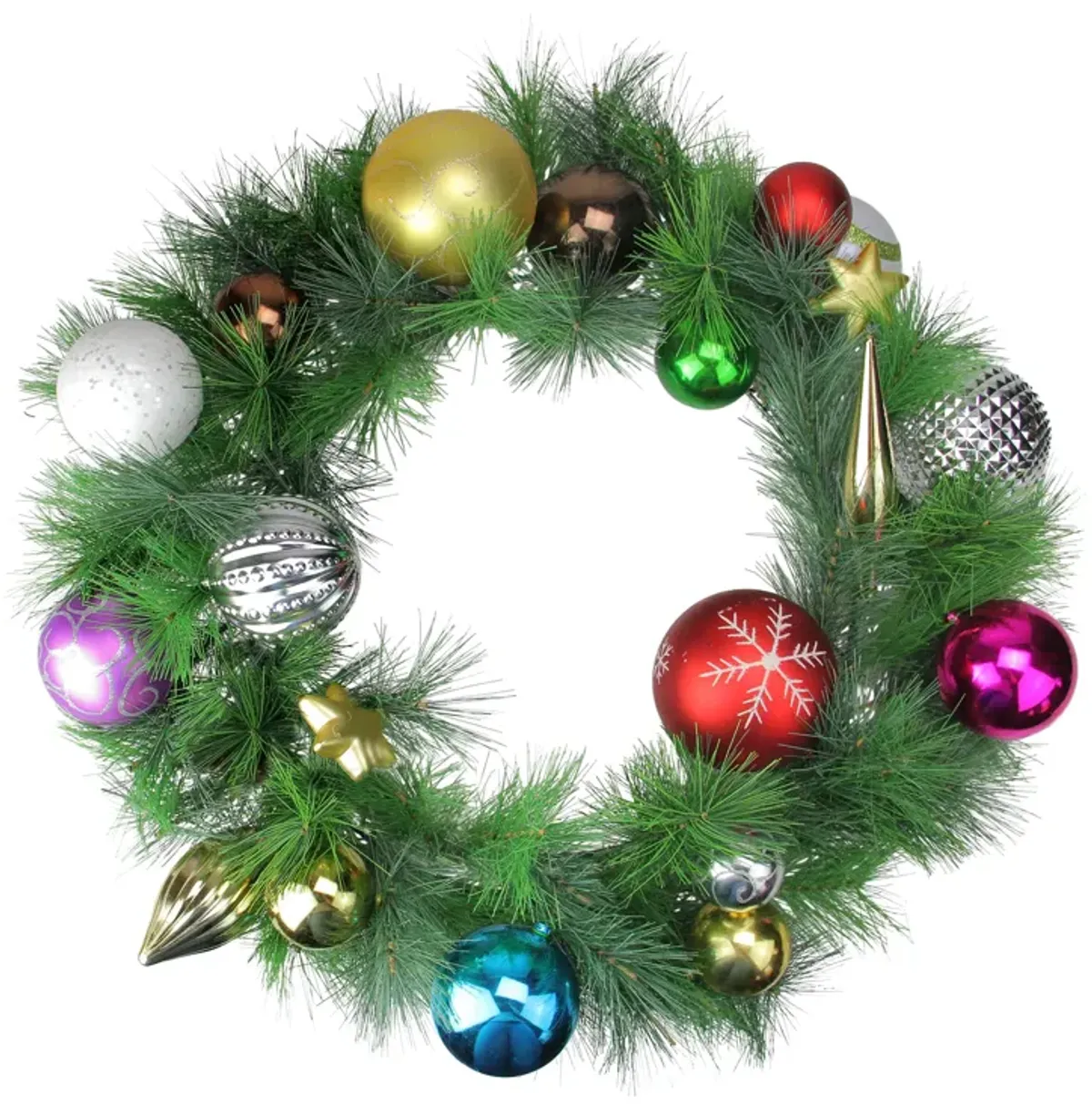 Multi-Colored Ornaments and Artificial Pine Christmas Wreath  24-Inch  Unlit