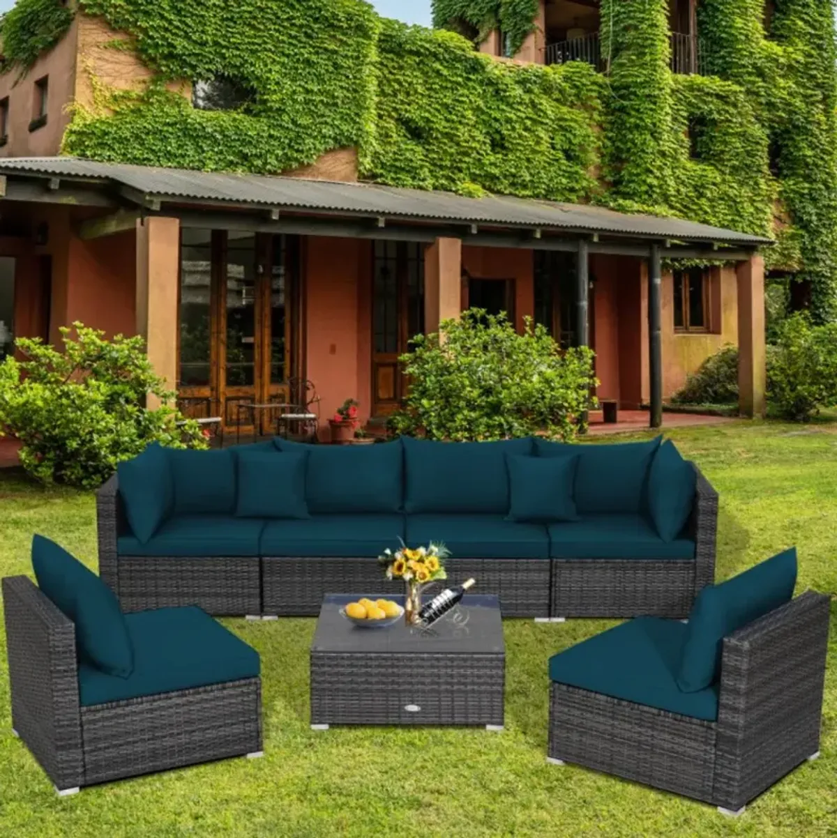 Hivvago 7 Pieces Patio Rattan Furniture Set with Sectional Sofa Cushioned