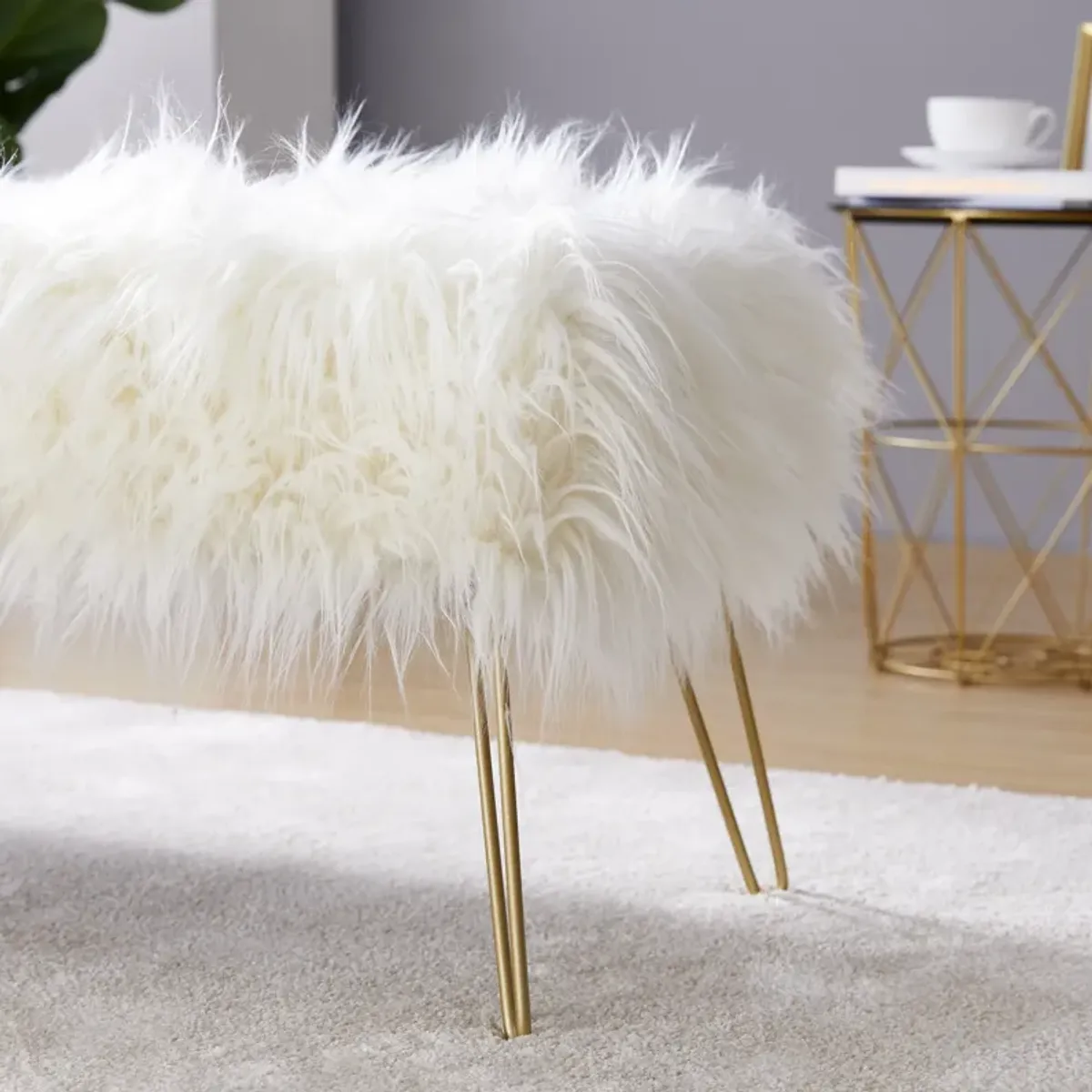 Faux Fur Bench Ottoman - White