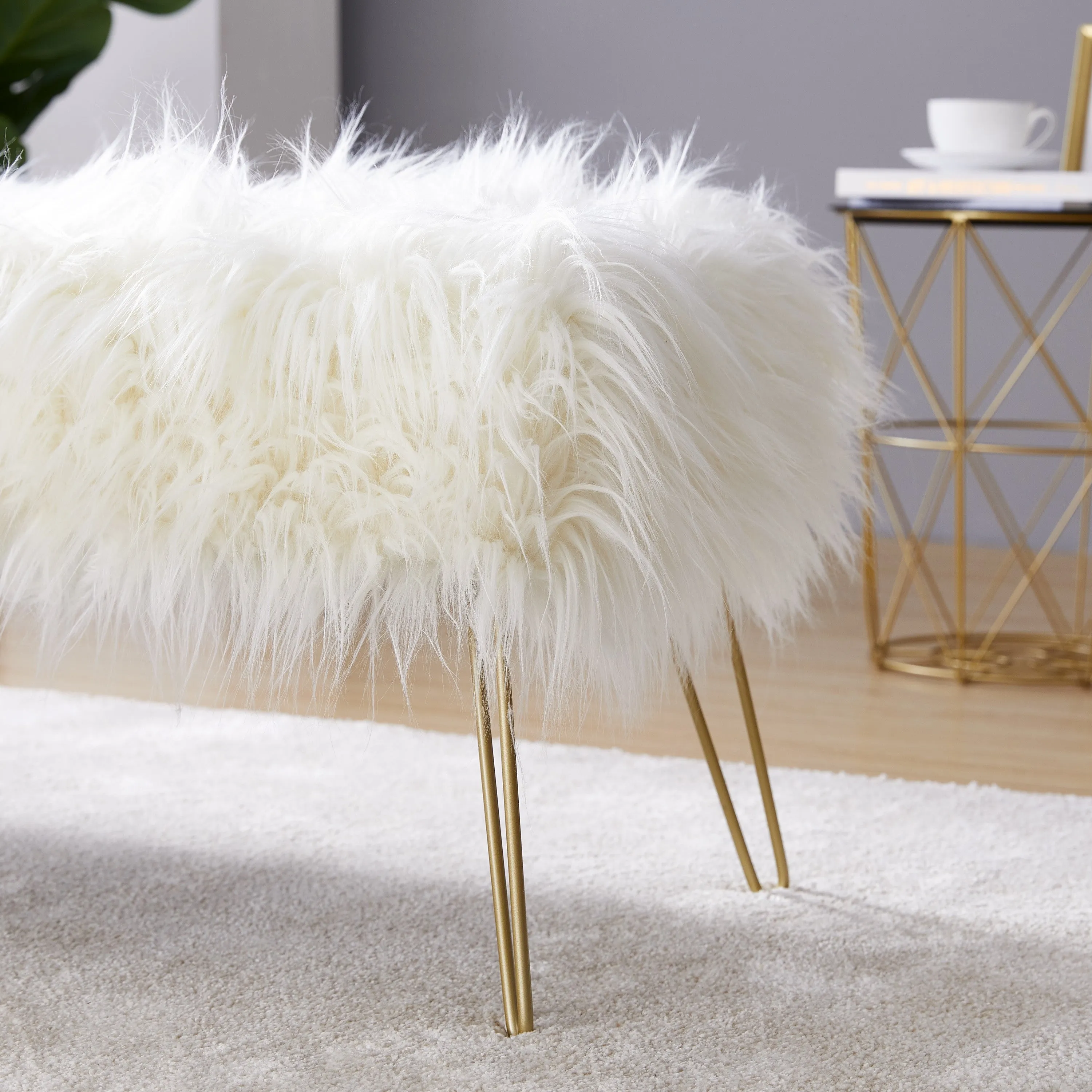 Faux Fur Bench Ottoman - White