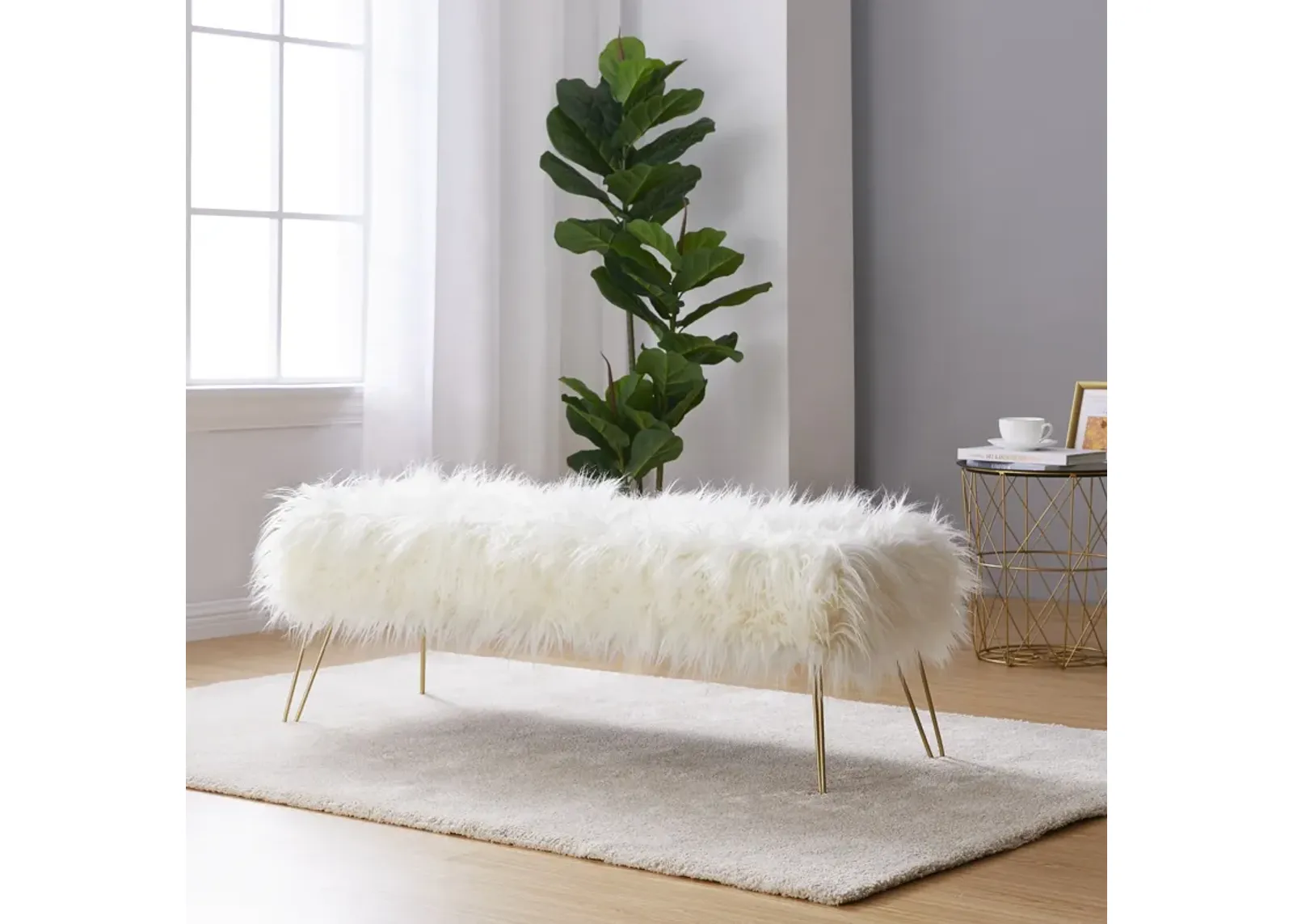 Faux Fur Bench Ottoman - White