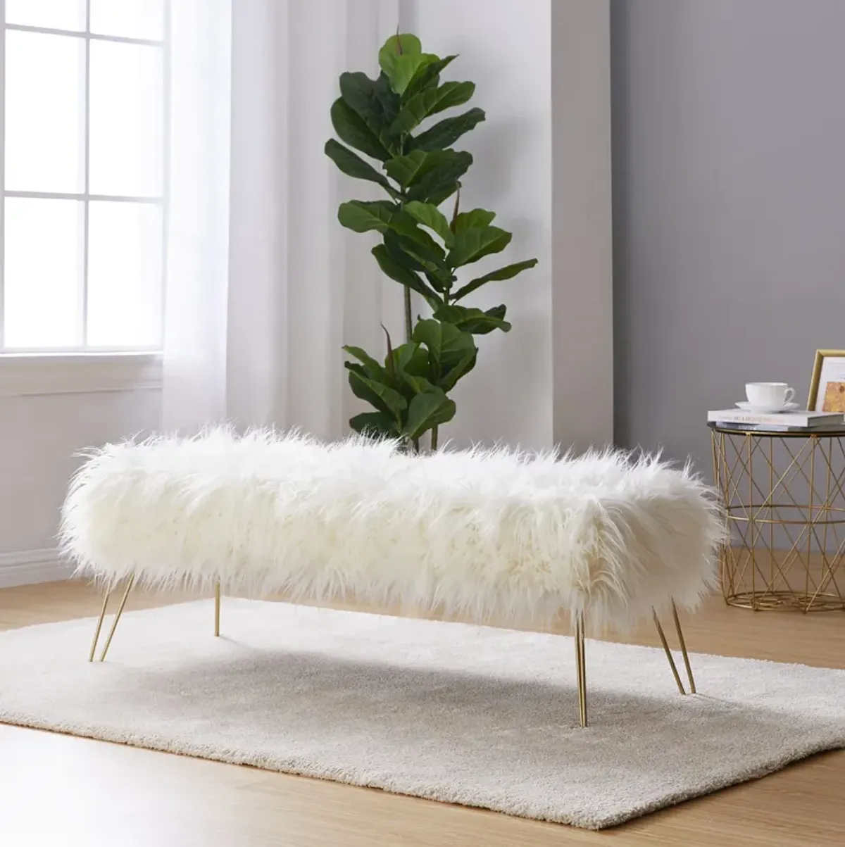 Faux Fur Bench Ottoman - White