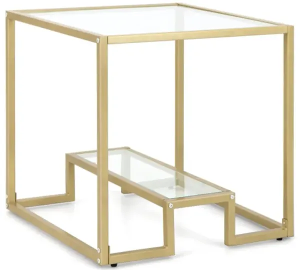 Hivvago 22 Inch 2-Tier Square Sofa Side Table with Tempered Glass Tabletop