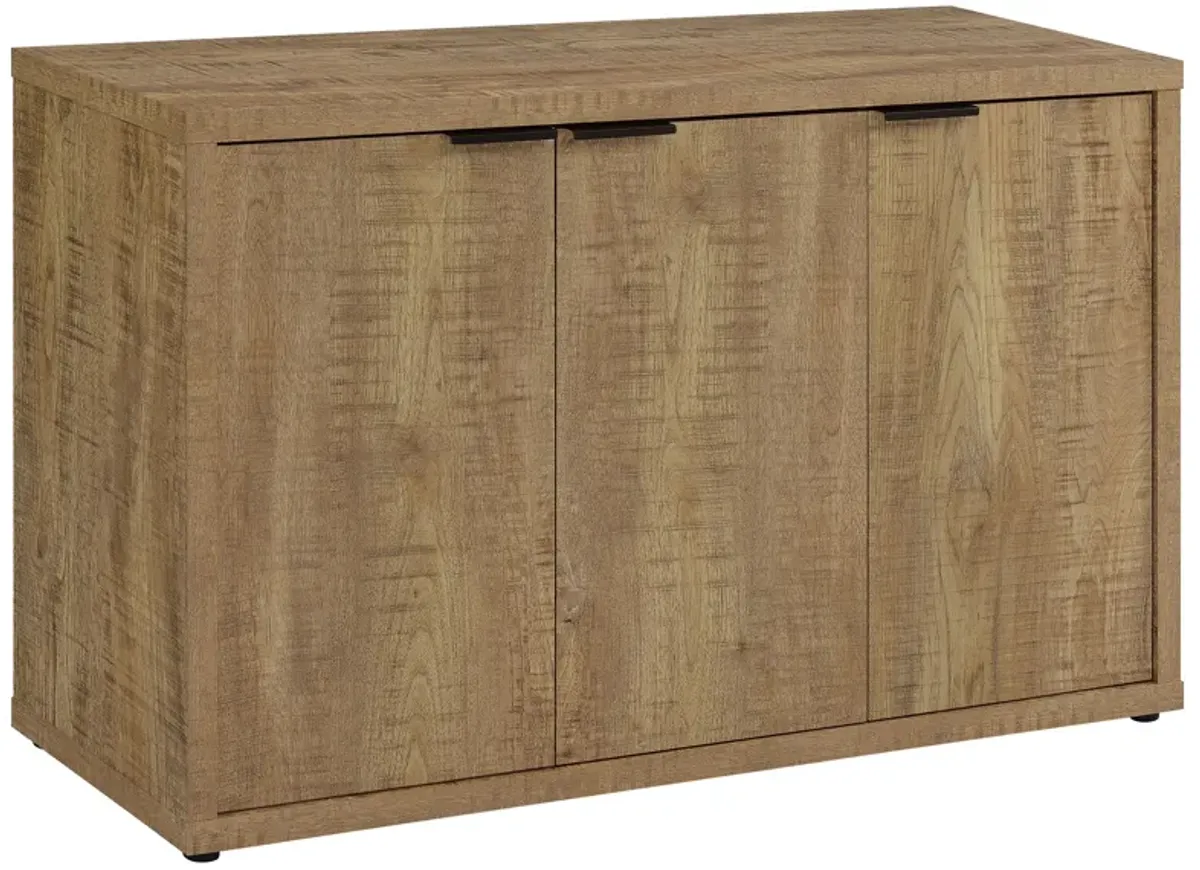 Azia Accent Cabinet, 47 Inch with 3 Doors, Shelves, Mango Brown Wood  - Benzara