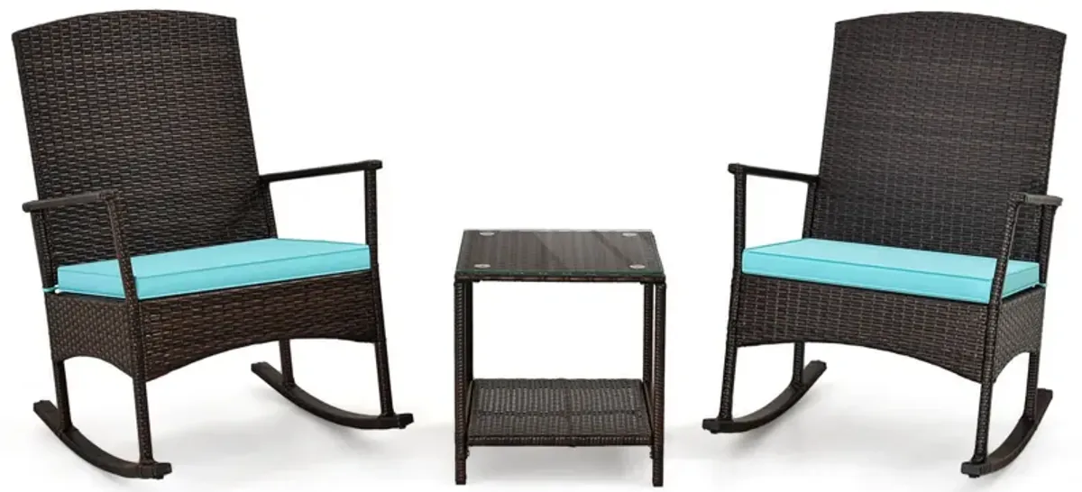 3 Piece Patio Rocking Set Wicker Rocking Chairs with 2-Tier Coffee Table