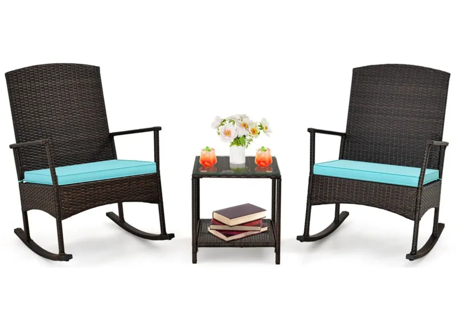 3 Piece Patio Rocking Set Wicker Rocking Chairs with 2-Tier Coffee Table