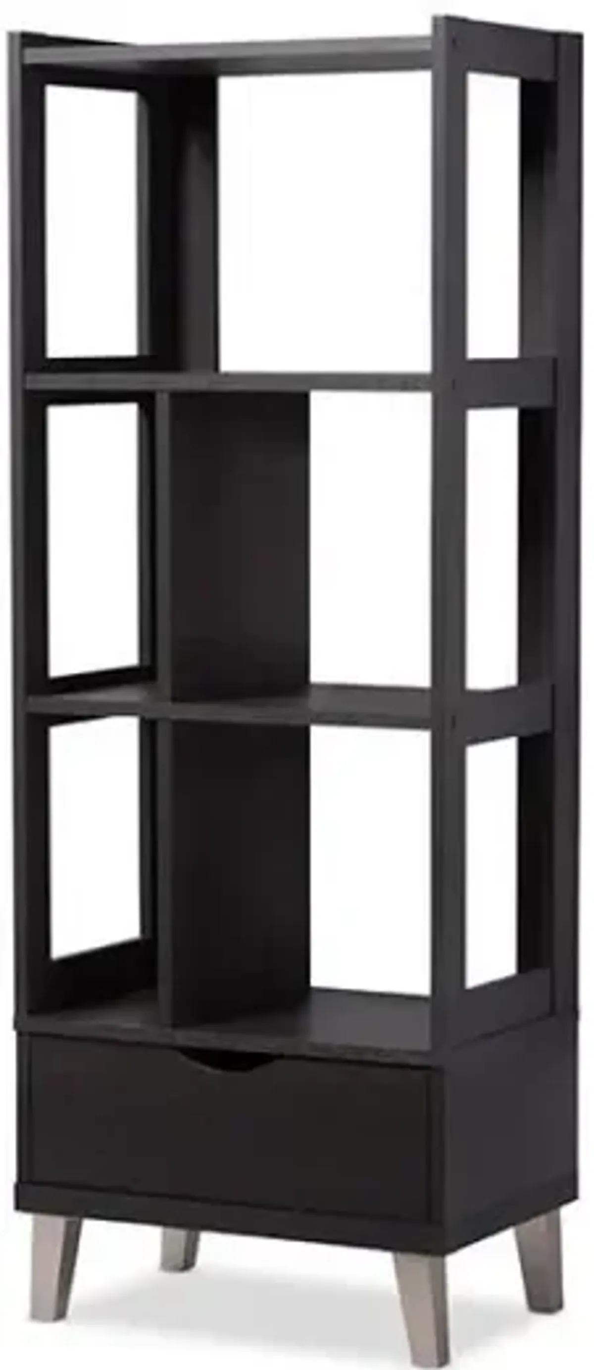 Dark Brown Wood Leaning Bookcase with Display Shelves and One Drawer