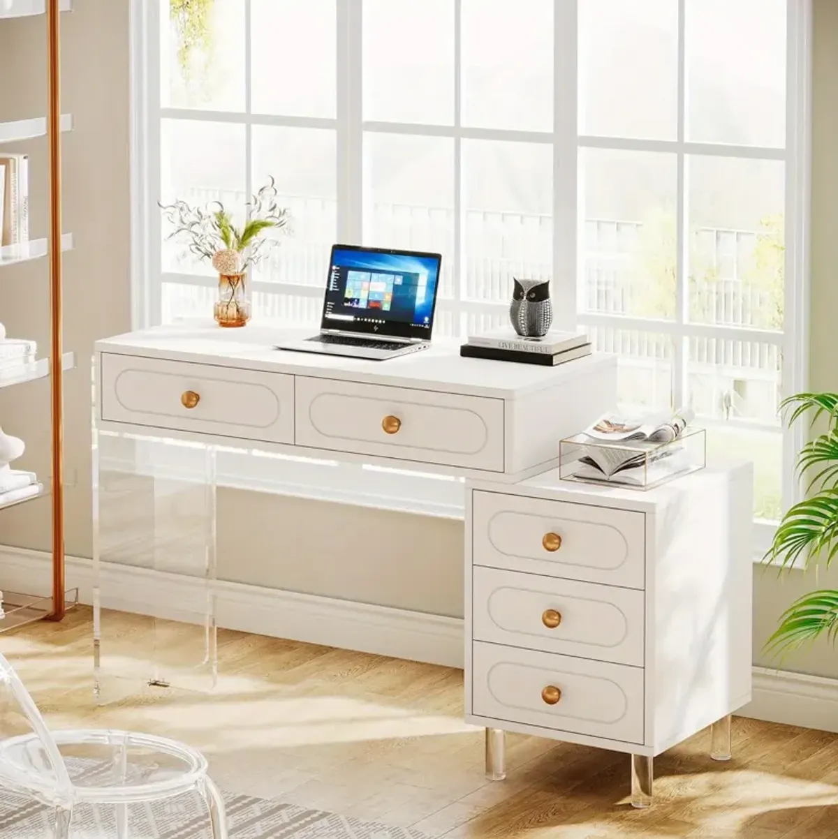 White Computer Desk, Modern PC Desk with 5 Drawers and Acrylic Legs, Extendable Study Writing Table Workstation for Home Office, Bedroom, Living Room, Storage Lockers, Christmas Gifts