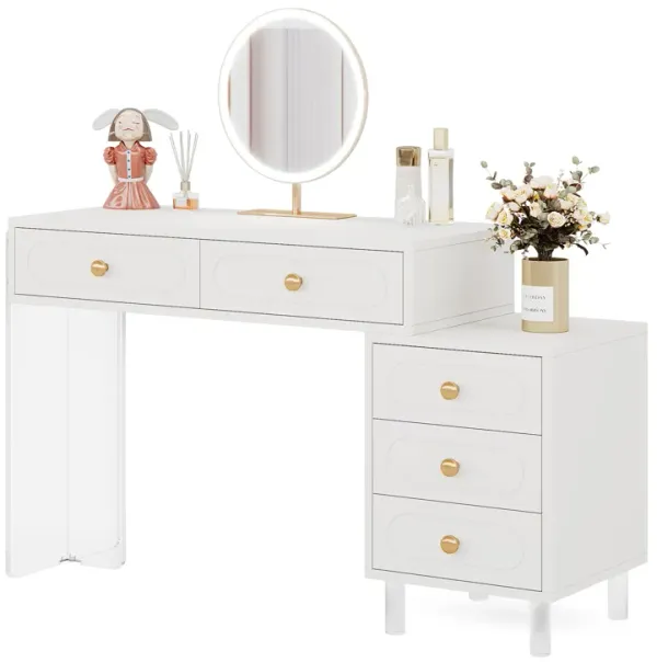 White Computer Desk, Modern PC Desk with 5 Drawers and Acrylic Legs, Extendable Study Writing Table Workstation for Home Office, Bedroom, Living Room, Storage Lockers, Christmas Gifts