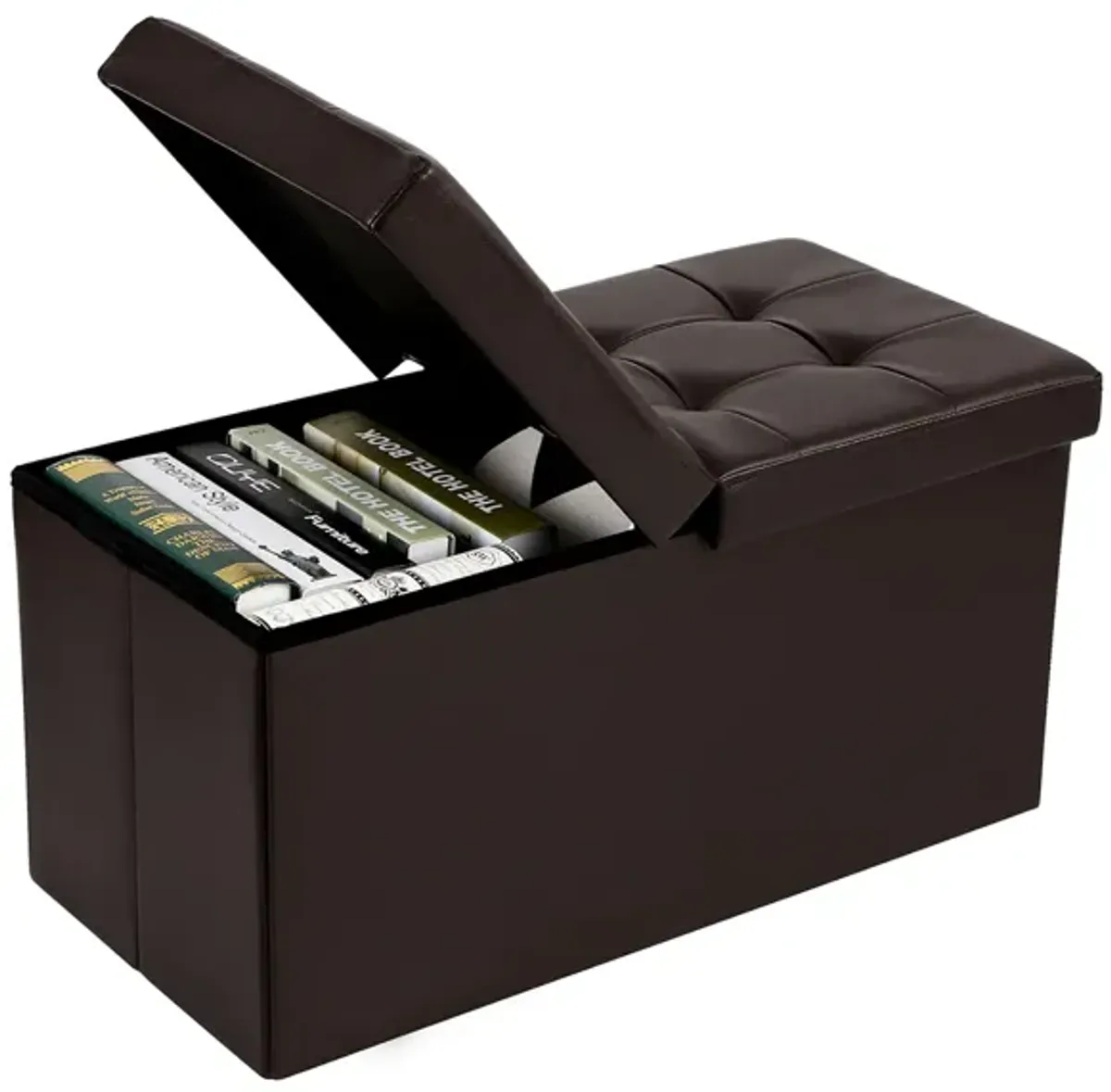 30-Inch Folding Storage Ottoman Bench with Flipping Lid - Faux Leather Storage Chest Footstool