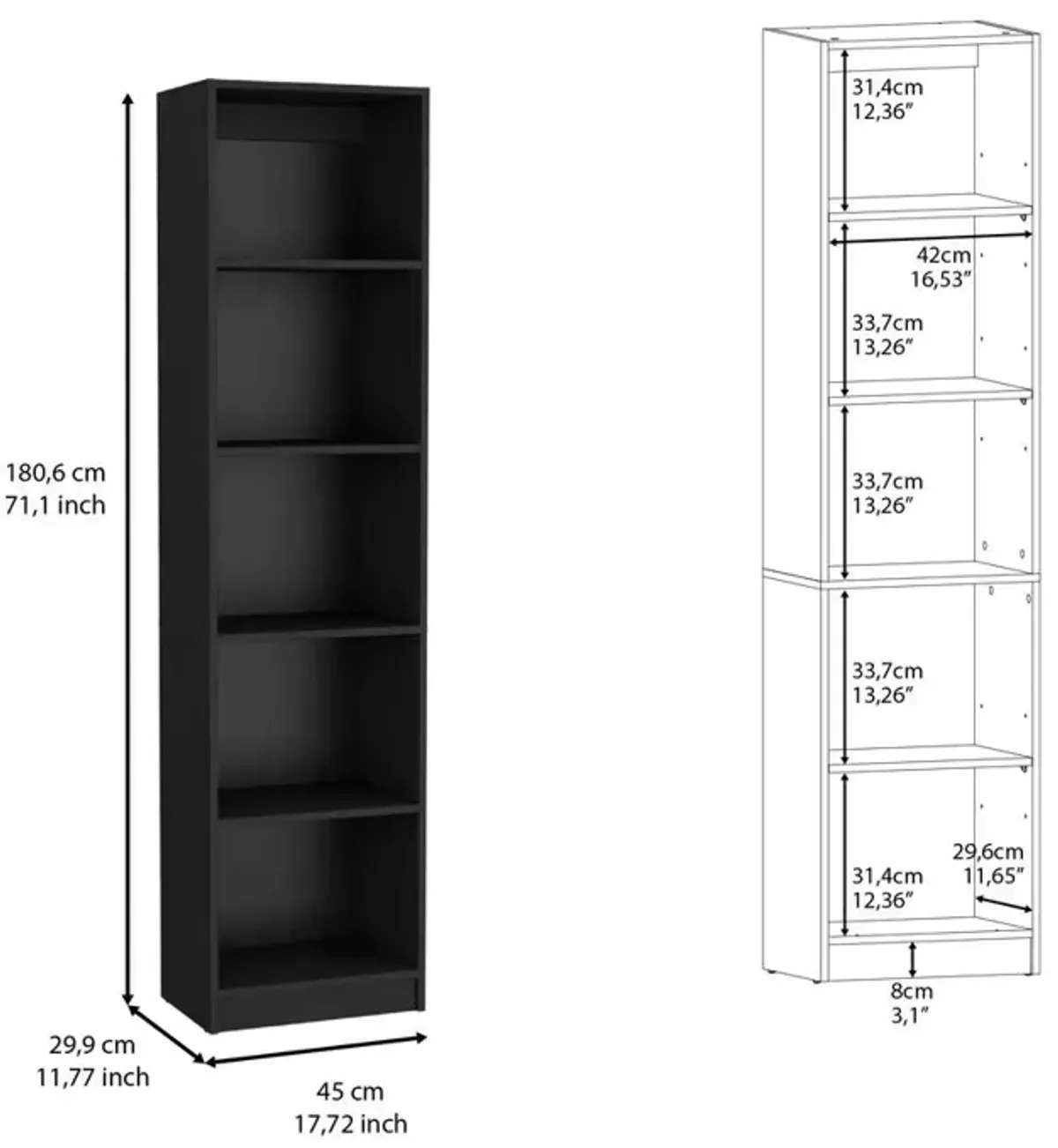 Vinton XS Bookcase Compact Bookshelf with Multiple Shelves, Black