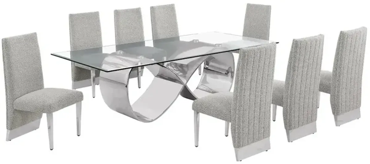 Best Quality Furniture 9Pc Tempered Glass Dining Set 8 Rich Gray Boucle Side Chairs And Silver Base