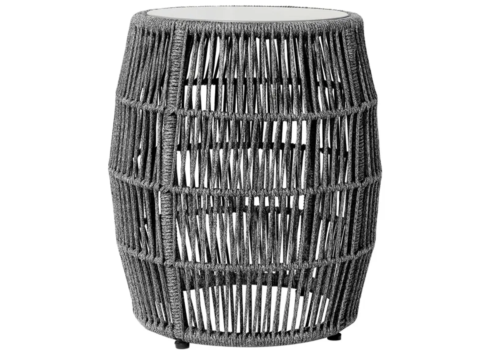 Gip 22 Inch Indoor Outdoor End Table Stool, Gray Round Stone Top, Woven Rope-Benzara