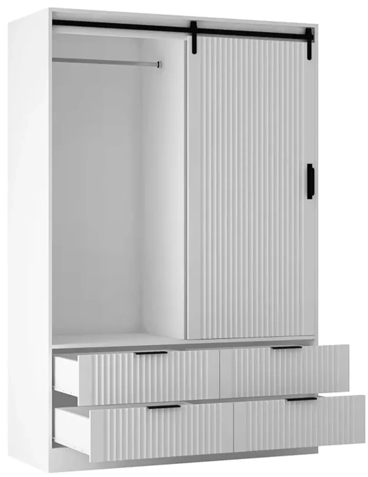 Modern 4-Drawer 4-Shelf Sliding Barn Door Wardrobe Armoire