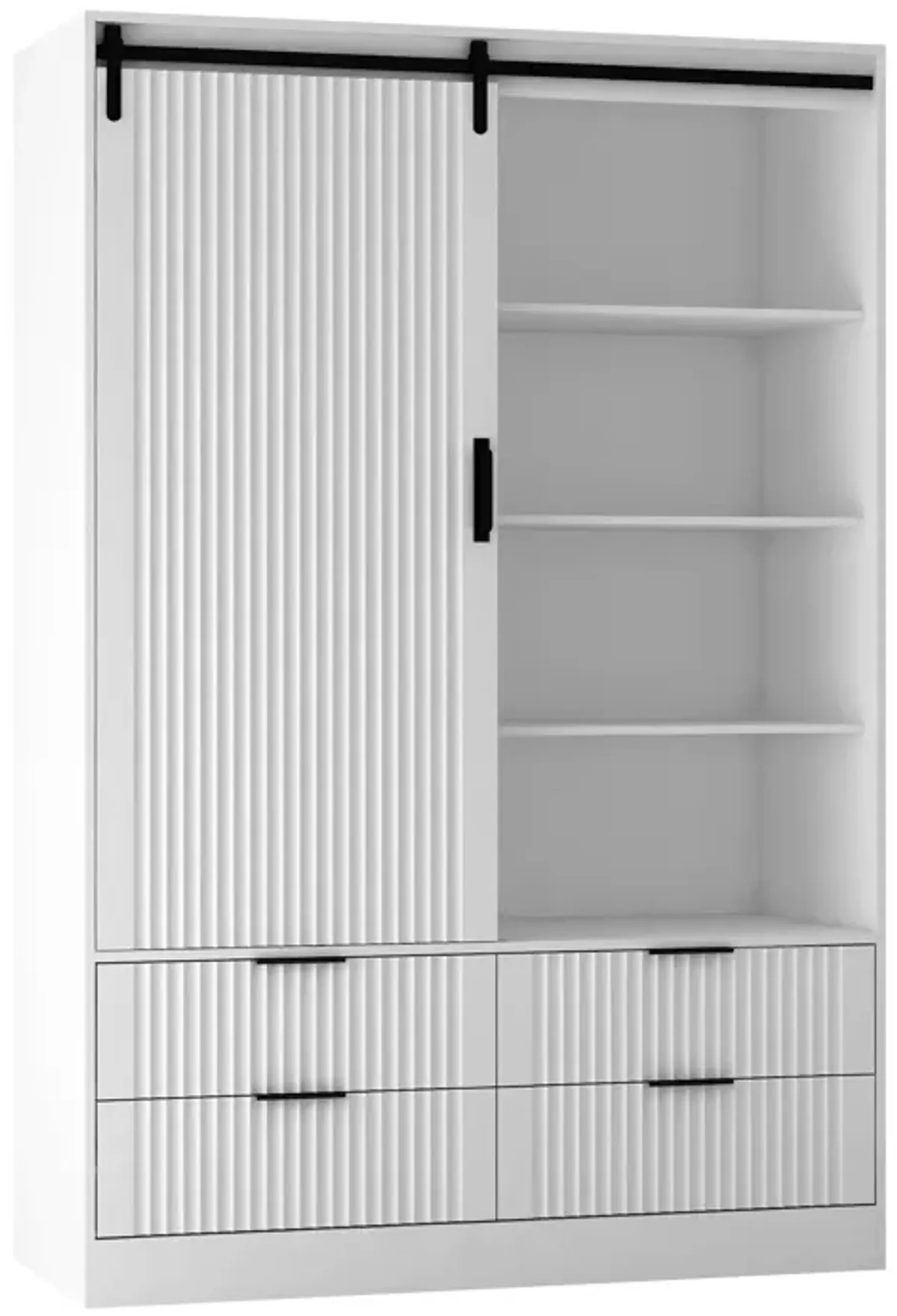 Modern 4-Drawer 4-Shelf Sliding Barn Door Wardrobe Armoire