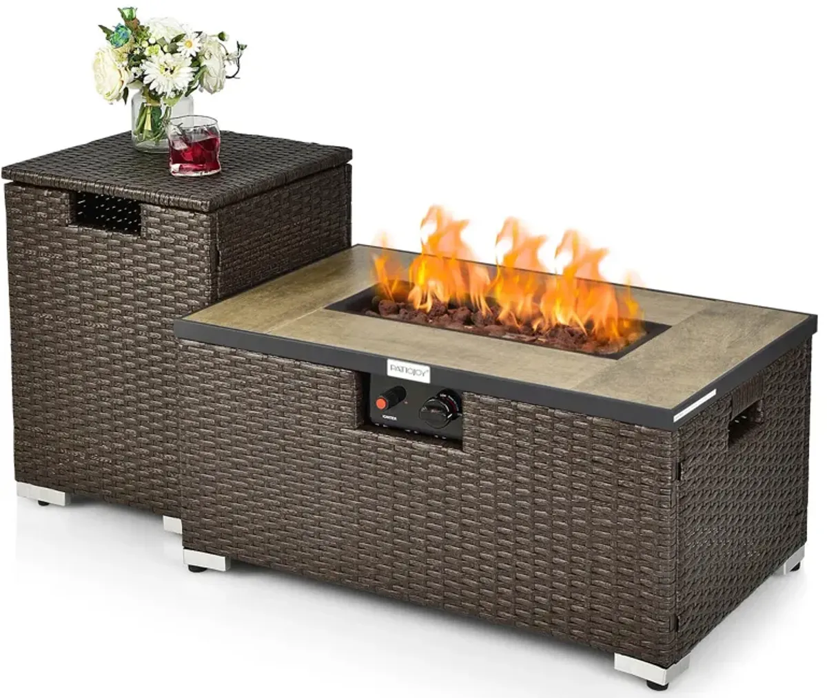 32 x 20 Inch Propane Rattan Fire Pit Table Set with Side Table Tank and Cover-Brown