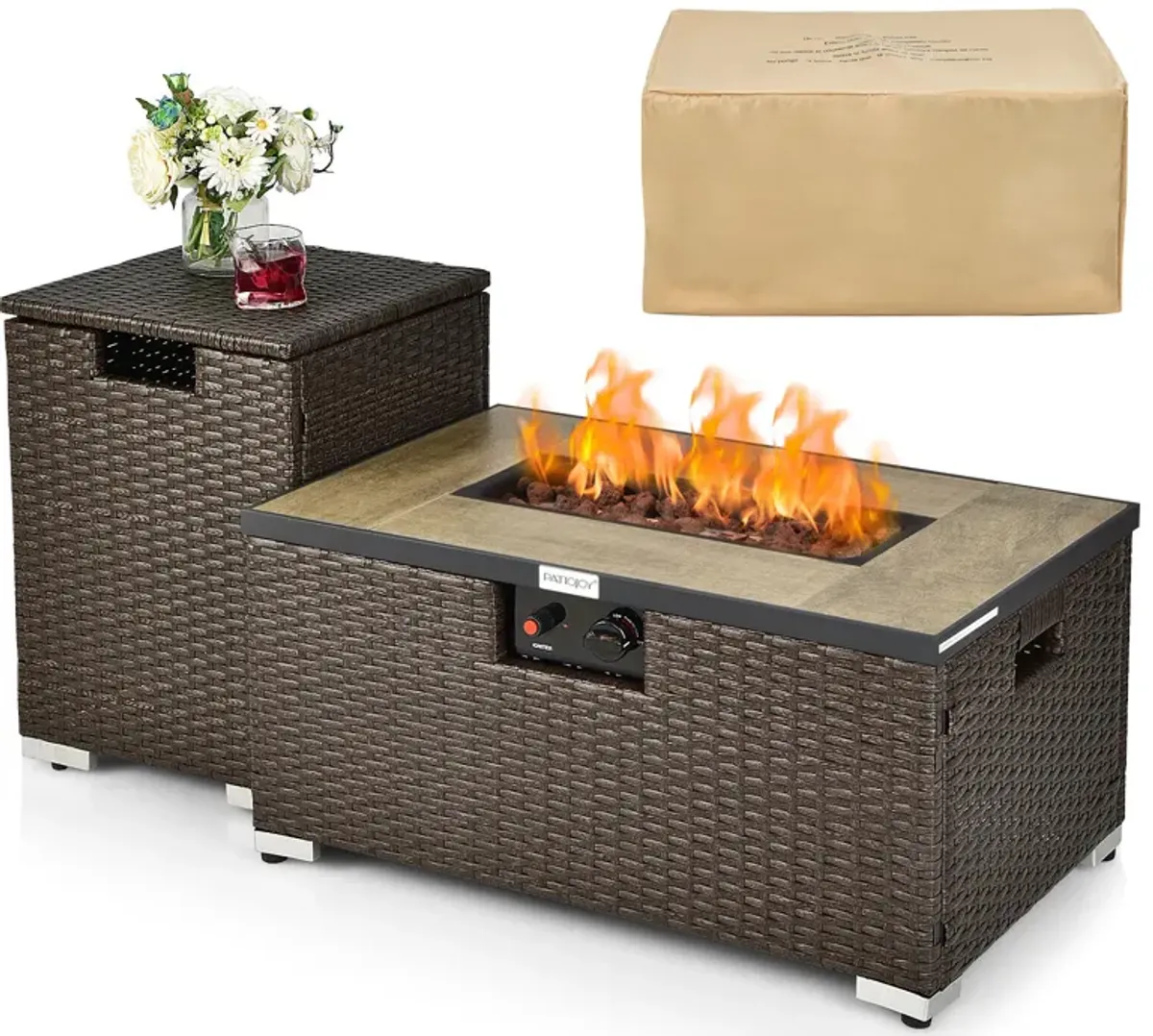 32 x 20 Inch Propane Rattan Fire Pit Table Set with Side Table Tank and Cover-Brown