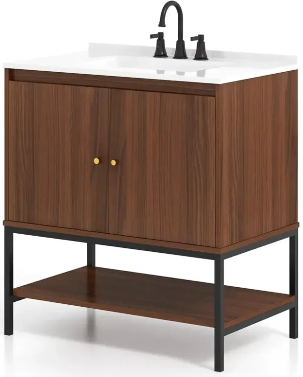 Modern Freestanding Bathroom Vanity in Wood Finish with Sink and Faucet