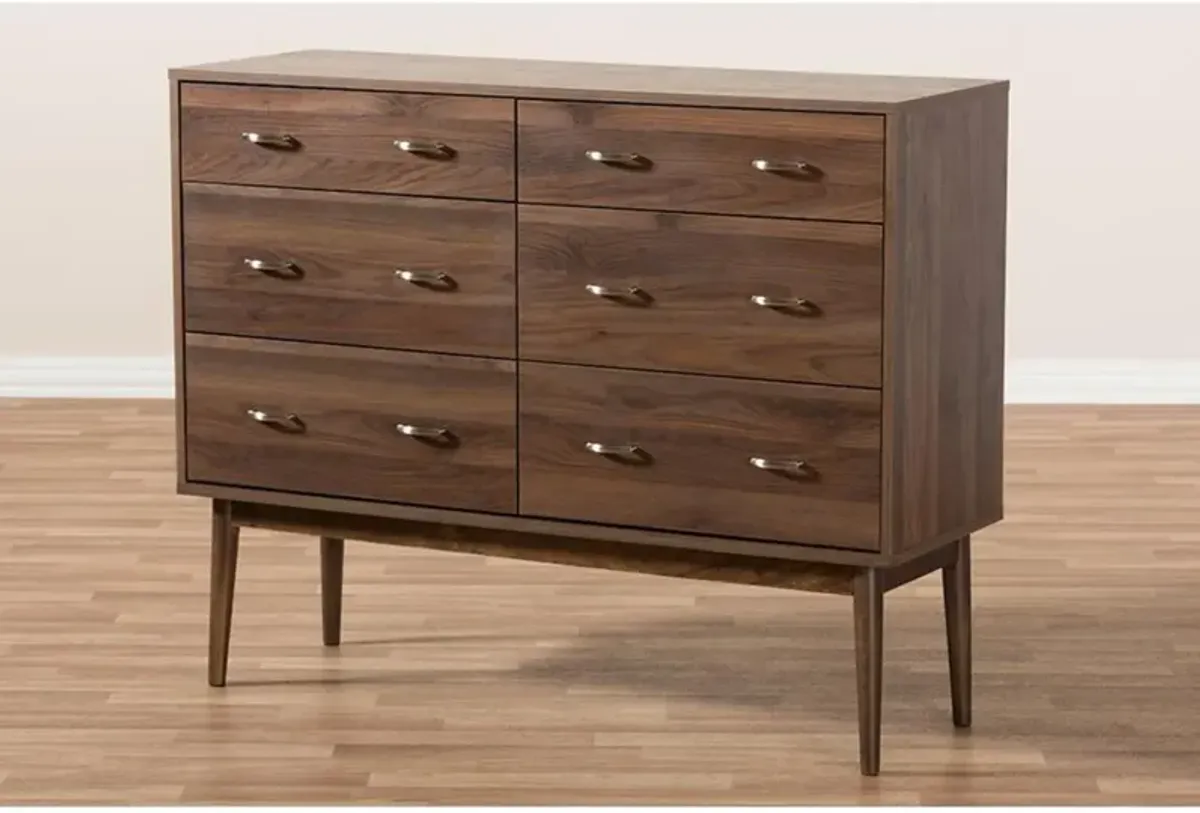 Baxton Studio Disa Mid-Century Modern Walnut Brown Finished 6-Drawer Dresser