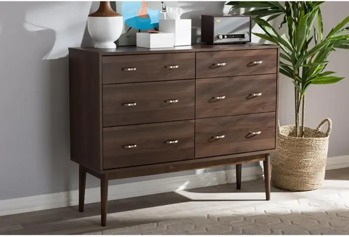 Baxton Studio Disa Mid-Century Modern Walnut Brown Finished 6-Drawer Dresser