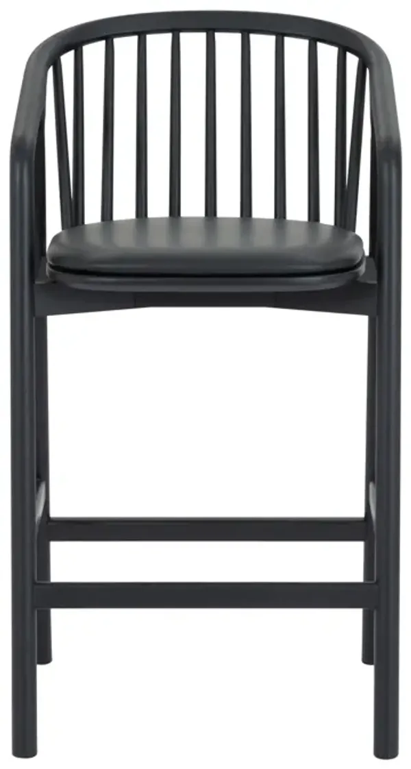 Rchy Counter Stool Chair, Curved Spindle Back, Black Faux Leather, Oak Wood - Benzara