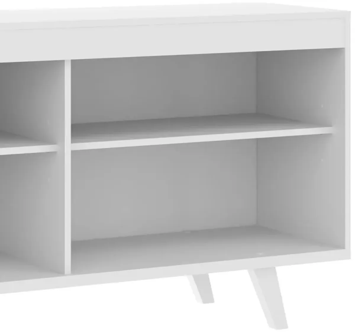 58 Inch Handcrafted Wood TV Media Entertainment Center Console, 4 Open Compartments, Angled Legs, White-Benzara