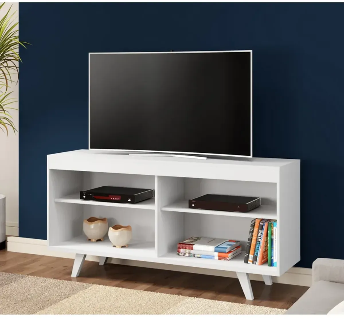 58 Inch Handcrafted Wood TV Media Entertainment Center Console, 4 Open Compartments, Angled Legs, White-Benzara