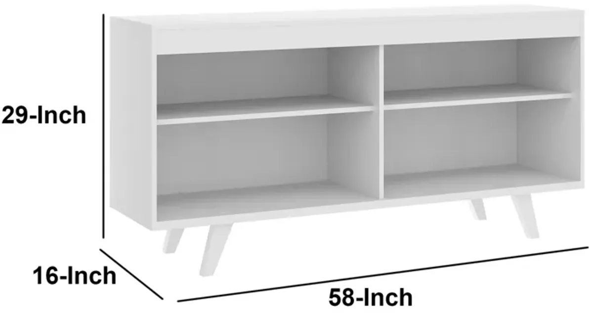 58 Inch Handcrafted Wood TV Media Entertainment Center Console, 4 Open Compartments, Angled Legs, White-Benzara