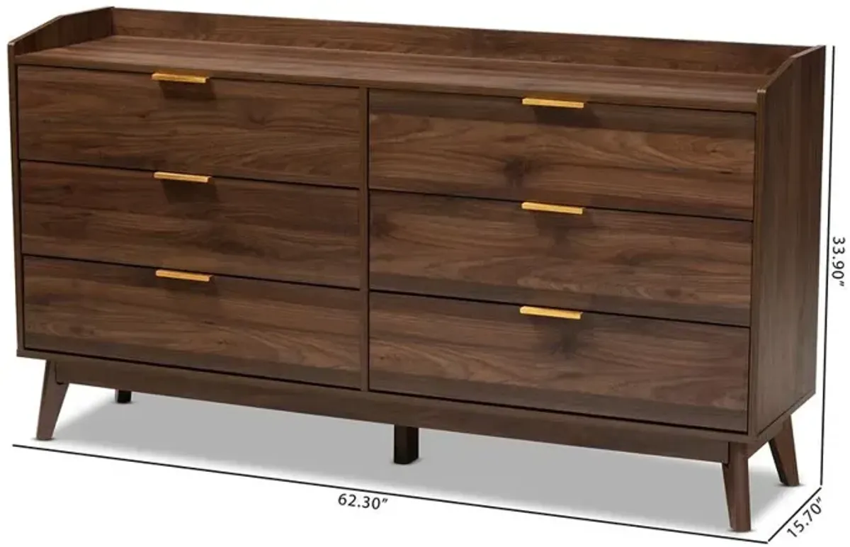 Baxton Studio Lena Mid-Century Modern Walnut Brown Finished 6-Drawer Wood Dresser