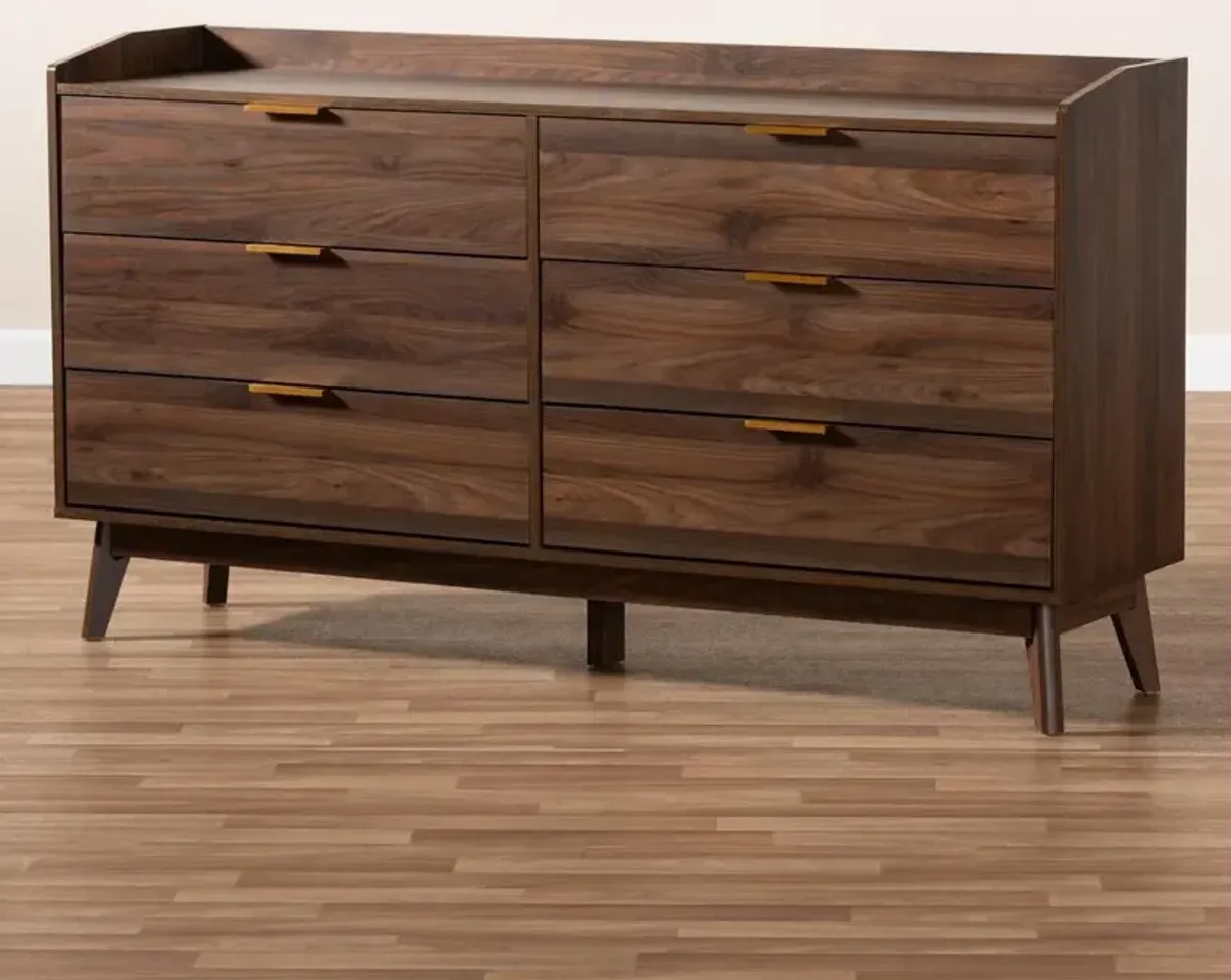 Baxton Studio Lena Mid-Century Modern Walnut Brown Finished 6-Drawer Wood Dresser