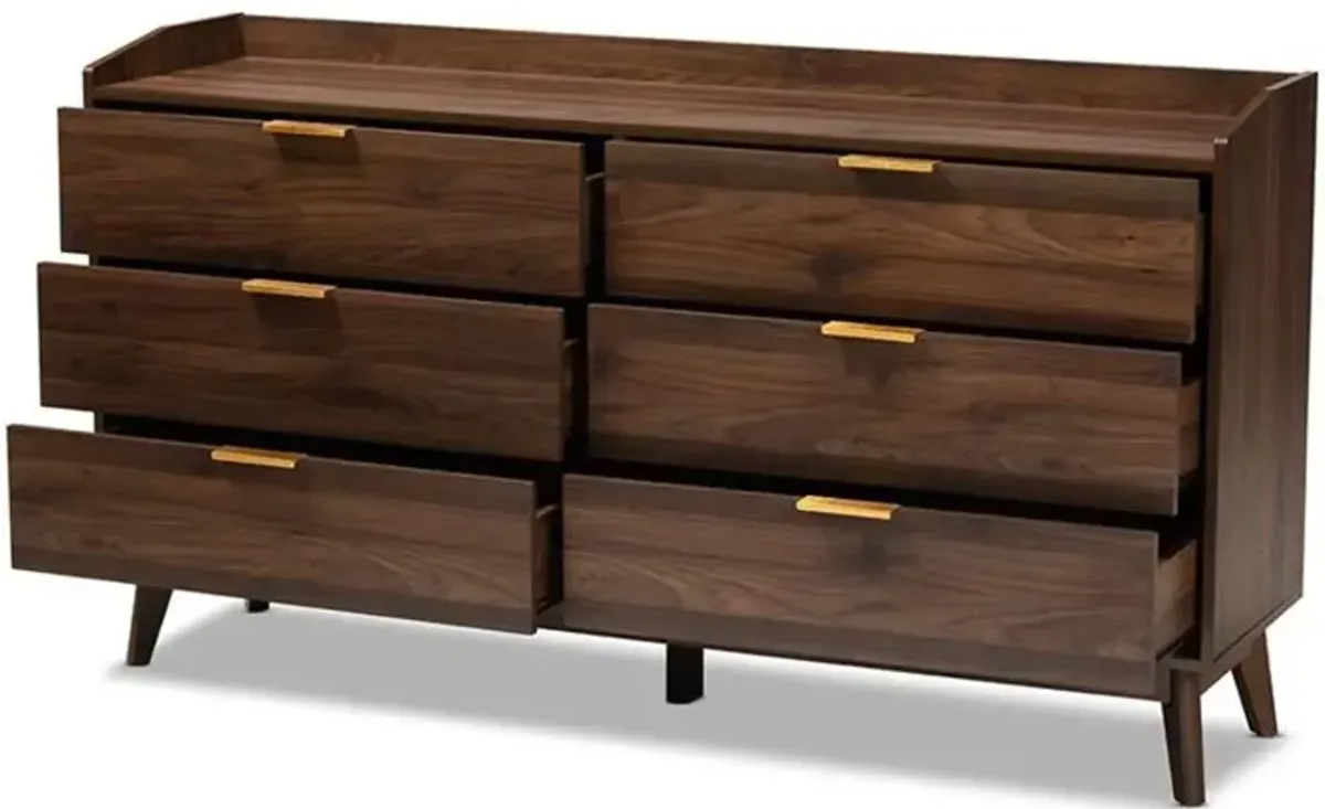 Baxton Studio Lena Mid-Century Modern Walnut Brown Finished 6-Drawer Wood Dresser