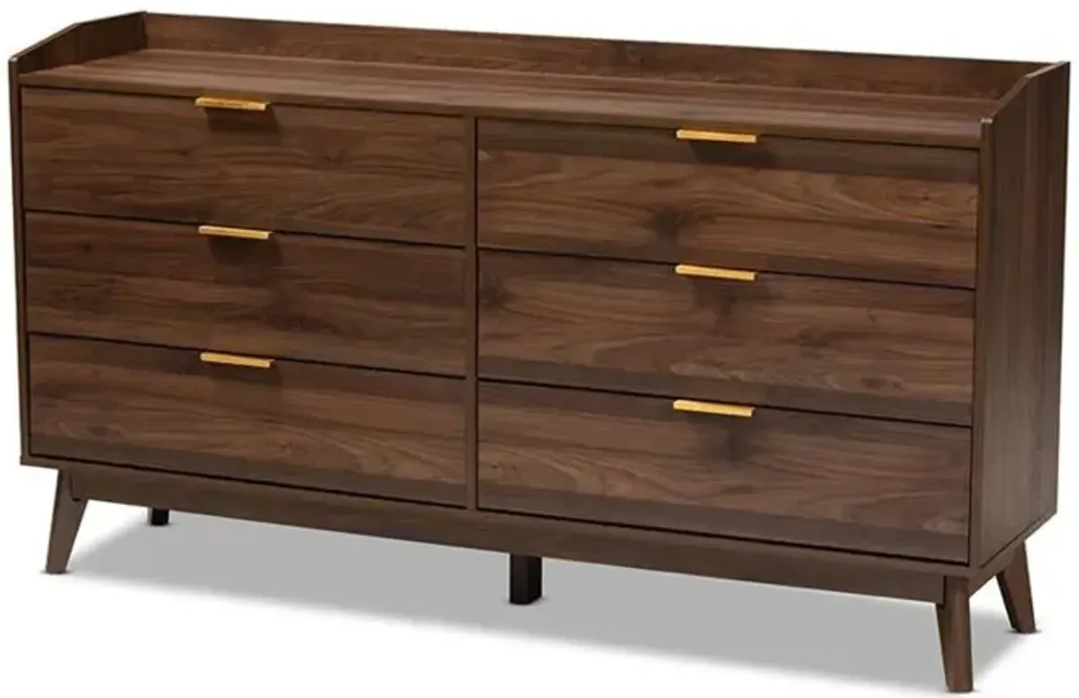 Baxton Studio Lena Mid-Century Modern Walnut Brown Finished 6-Drawer Wood Dresser