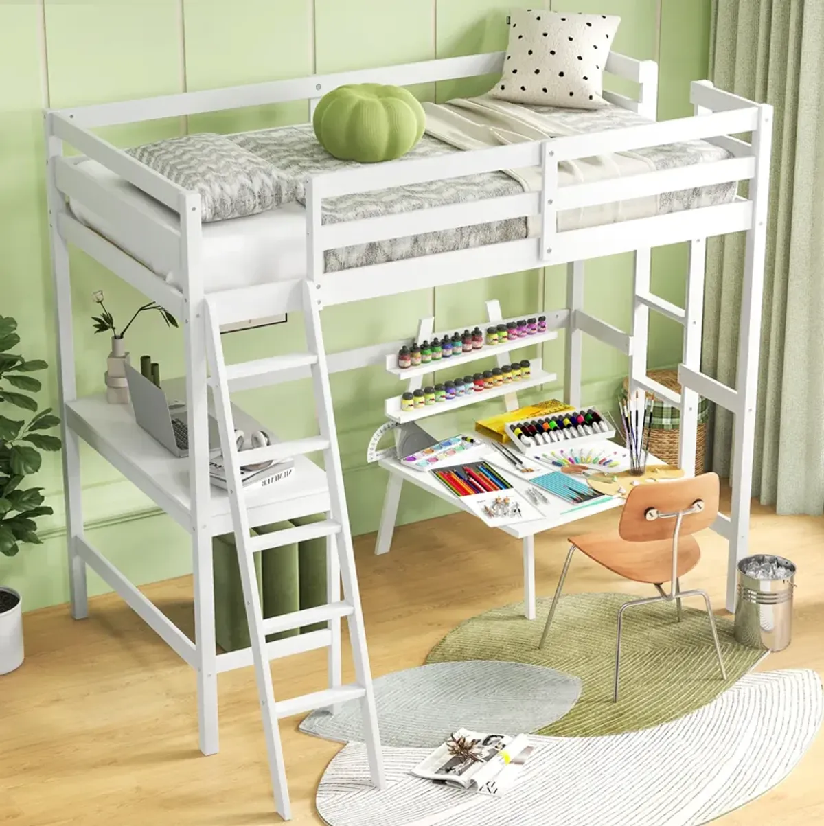 Twin Size Loft Bed Frame with Desk Angled and Built-in Ladder