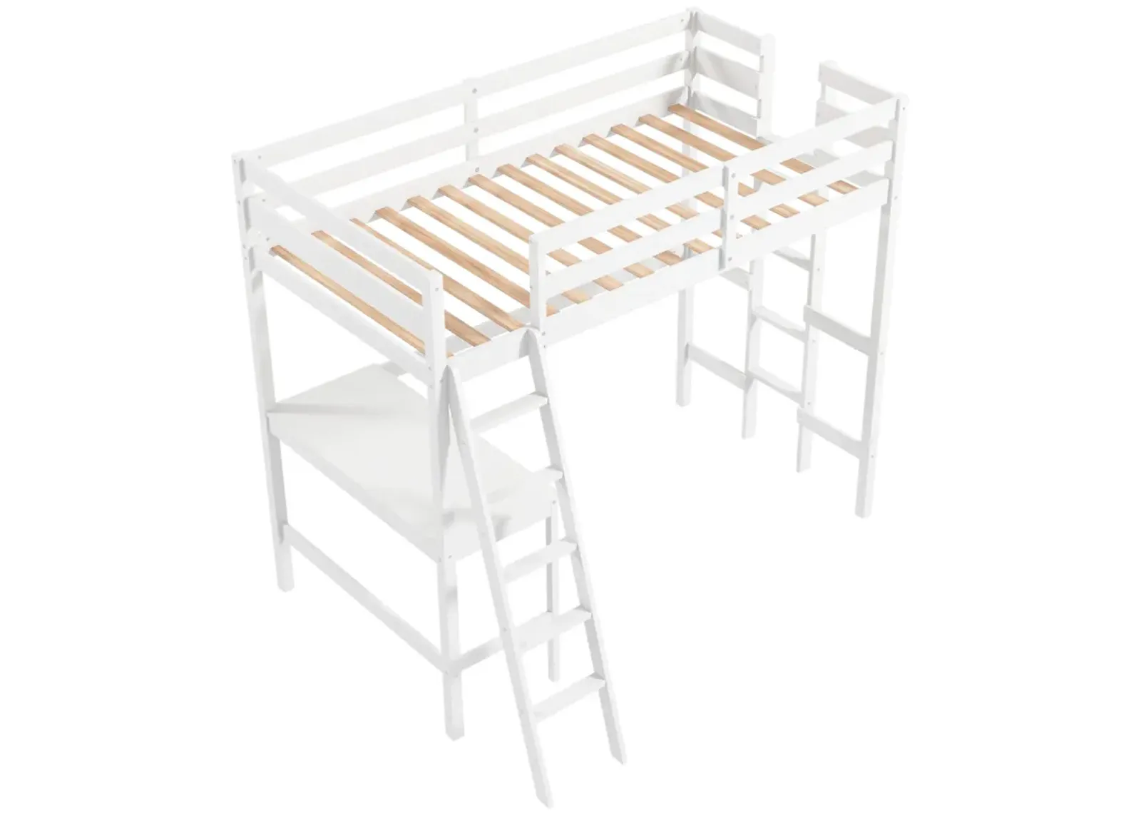 Twin Size Loft Bed Frame with Desk Angled and Built-in Ladder