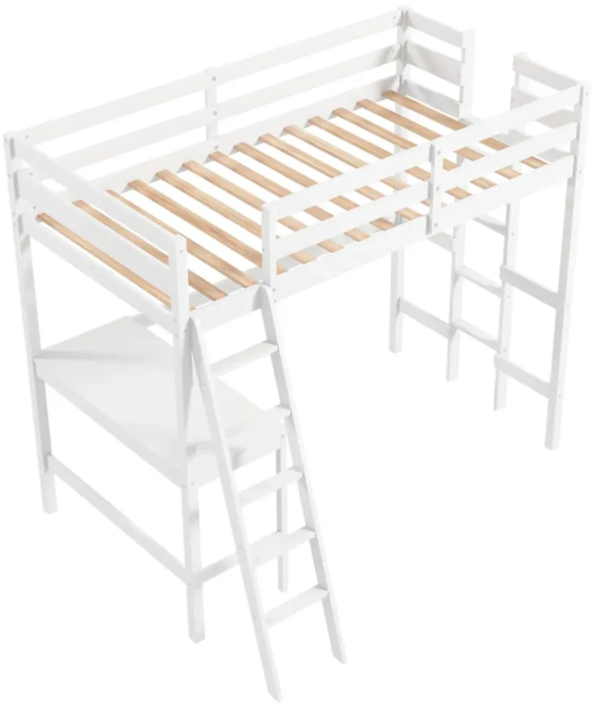 Twin Size Loft Bed Frame with Desk Angled and Built-in Ladder