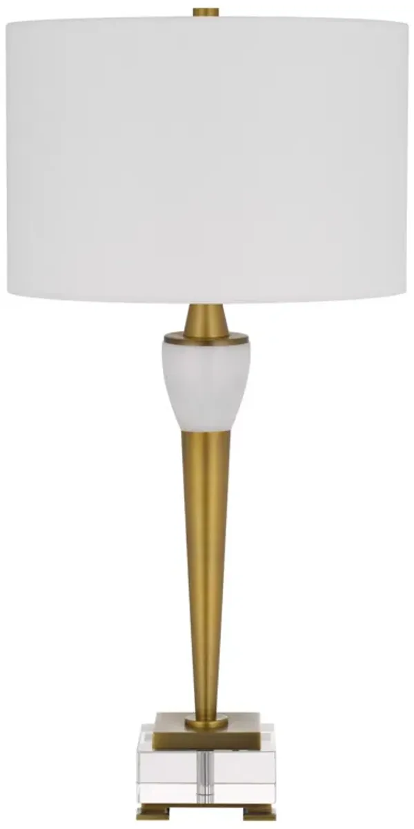 31 Inch Table Lamp with White Drum Shade, Clear Crystal Base, Brass Finish - Benzara