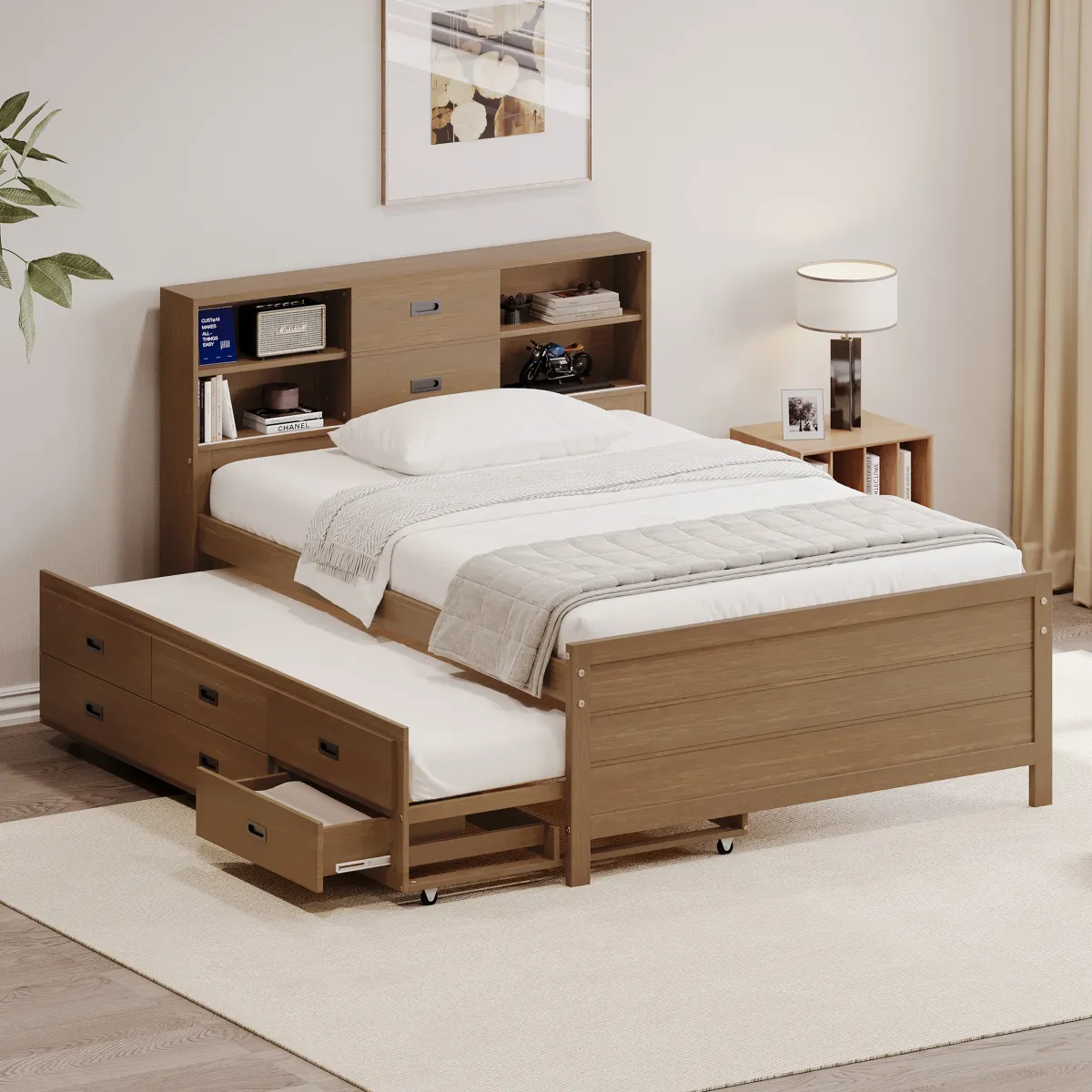 Merax Captain Bed with Storage Bookcase Headboard