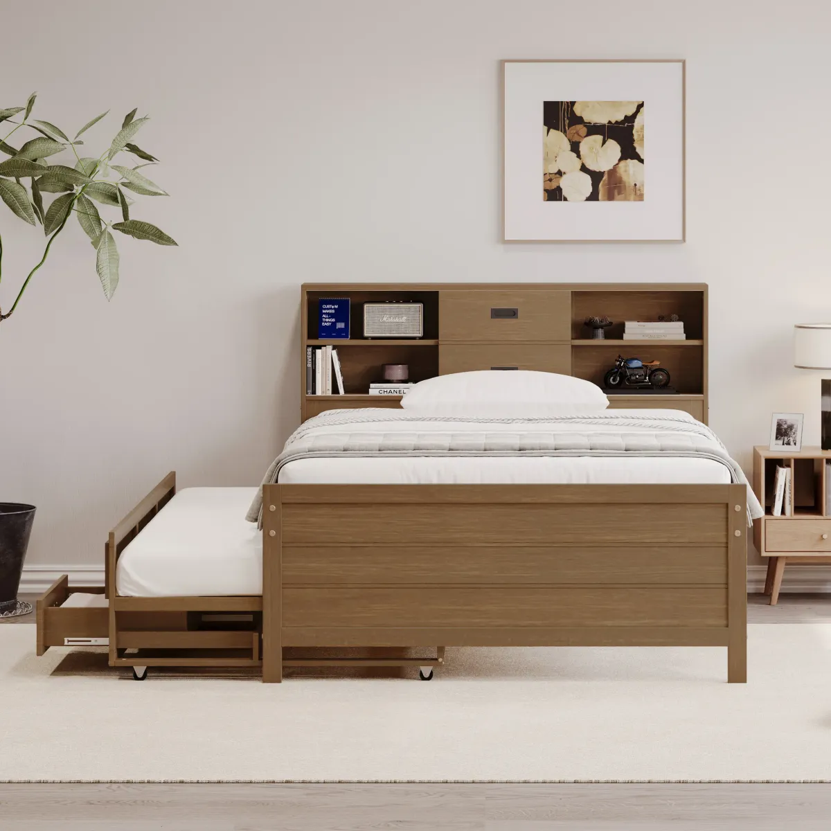 Merax Captain Bed with Storage Bookcase Headboard
