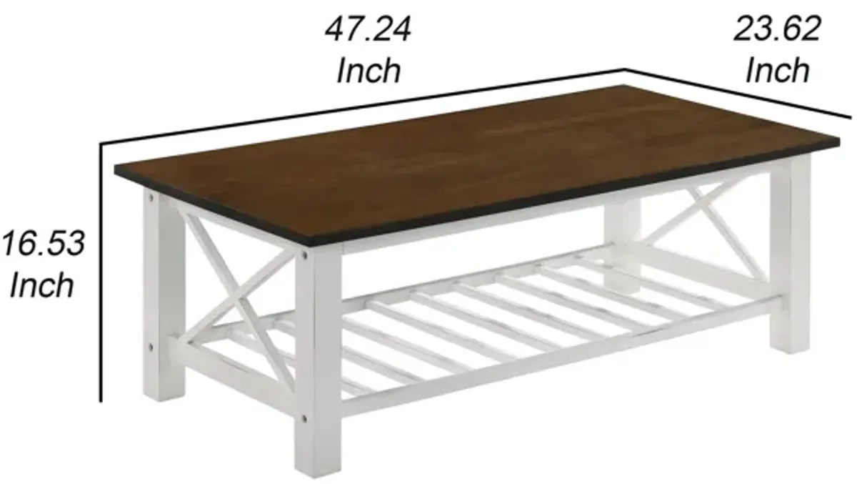 Viki 47 Inch Coffee Table, Crossbar, Slatted Open Shelf, White and Brown-Benzara