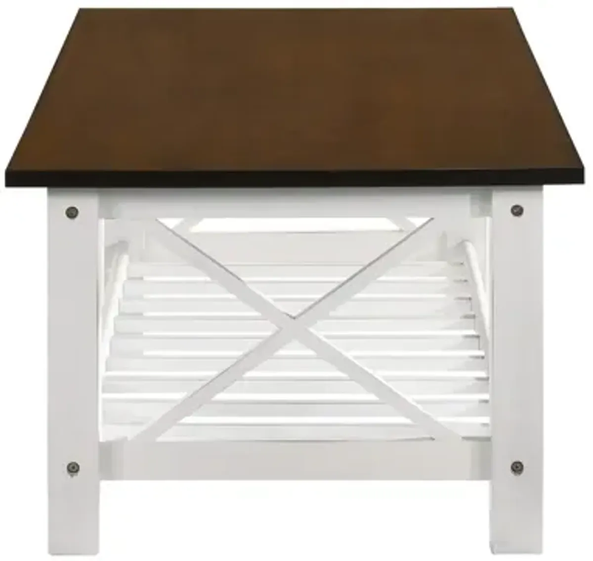 Viki 47 Inch Coffee Table, Crossbar, Slatted Open Shelf, White and Brown-Benzara