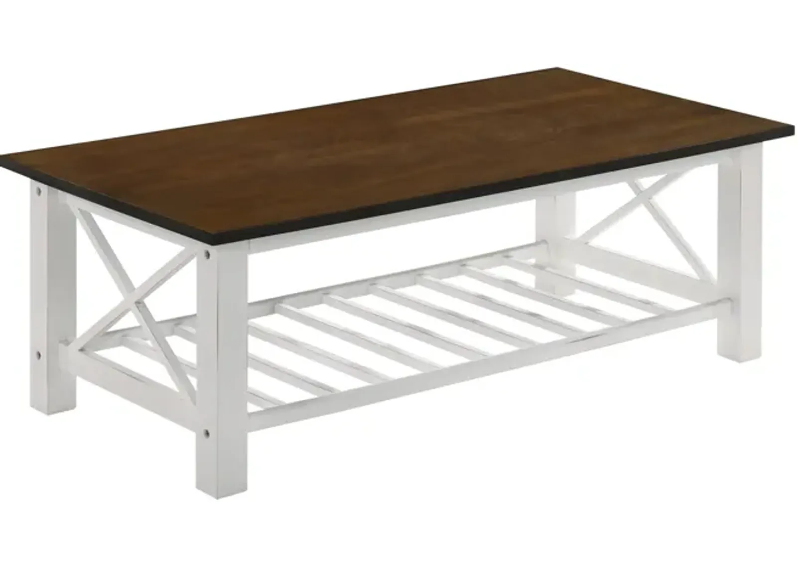 Viki 47 Inch Coffee Table, Crossbar, Slatted Open Shelf, White and Brown-Benzara