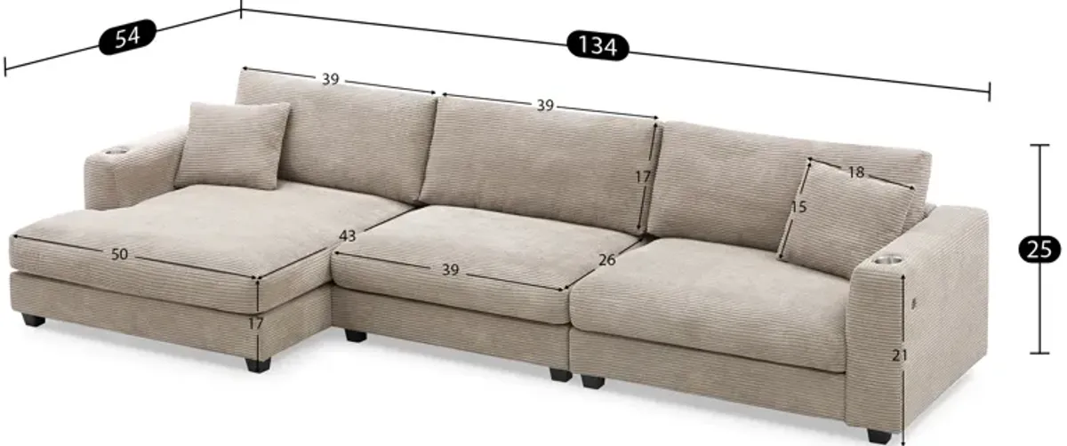 Merax Oversized Corduroy Sectional Sofa  with 50" Chaise