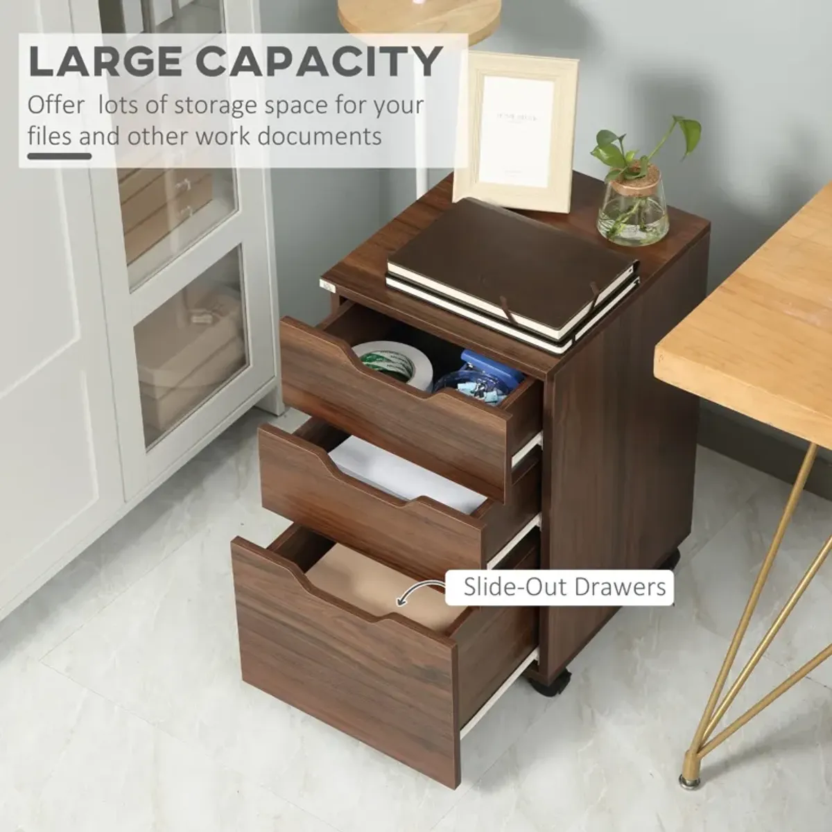 Brown Office Storage: Mobile 3-Drawer File Cabinet