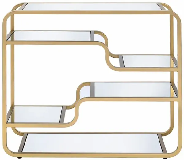 Metal Framed Mirror Sofa Table with Tiered Shelves, Gold and Clear-Benzara