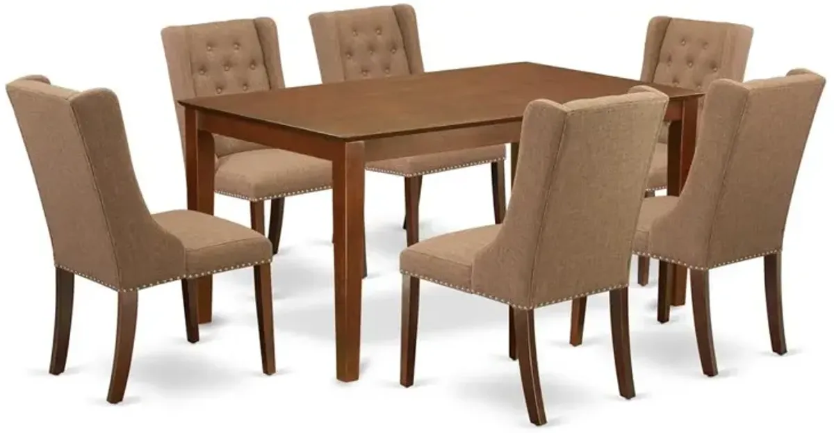 East West Furniture CAFO7-MAH-47 7-Pc Dining Room Set 6 Light Sable Linen Fabric dining room chairs with Button Tufted Back and 1 Beautiful Kitchen Dining Table - Mahogany Finish