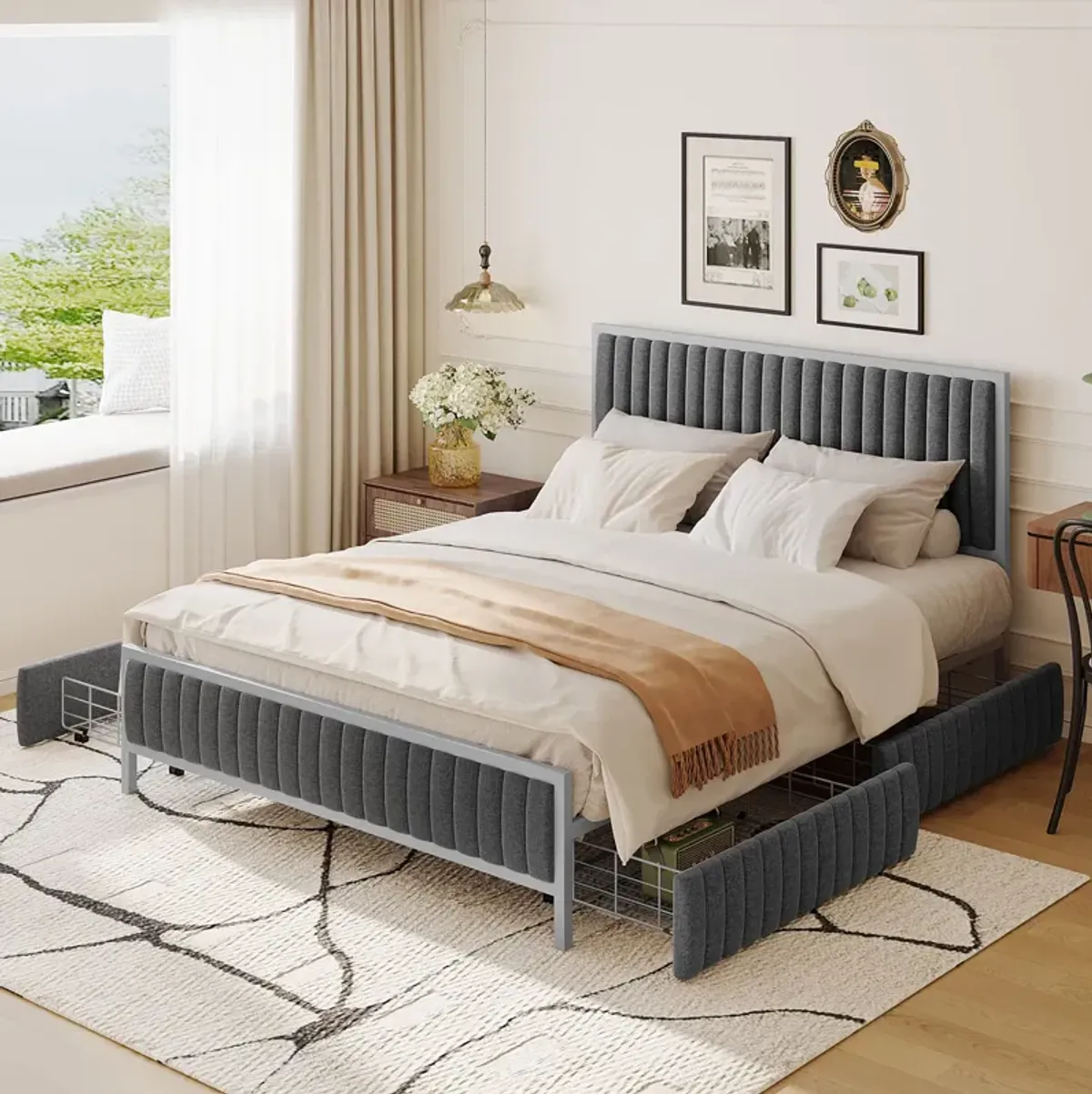 Merax Metal Frame Upholstered Bed Frame with 4 Drawers