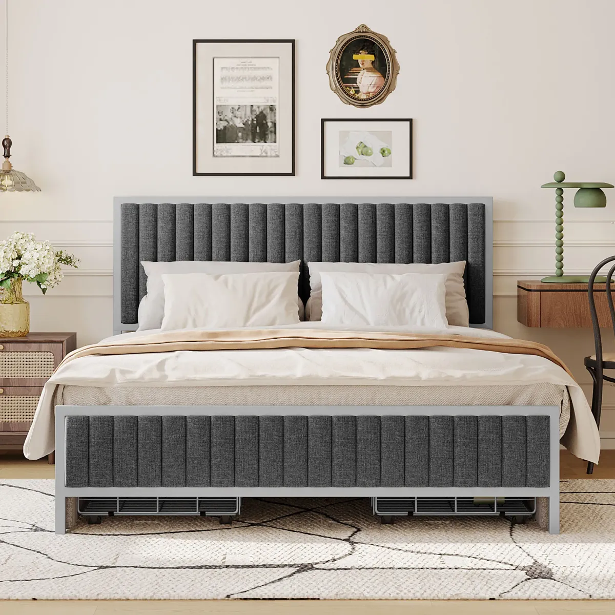 Merax Metal Frame Upholstered Bed Frame with 4 Drawers